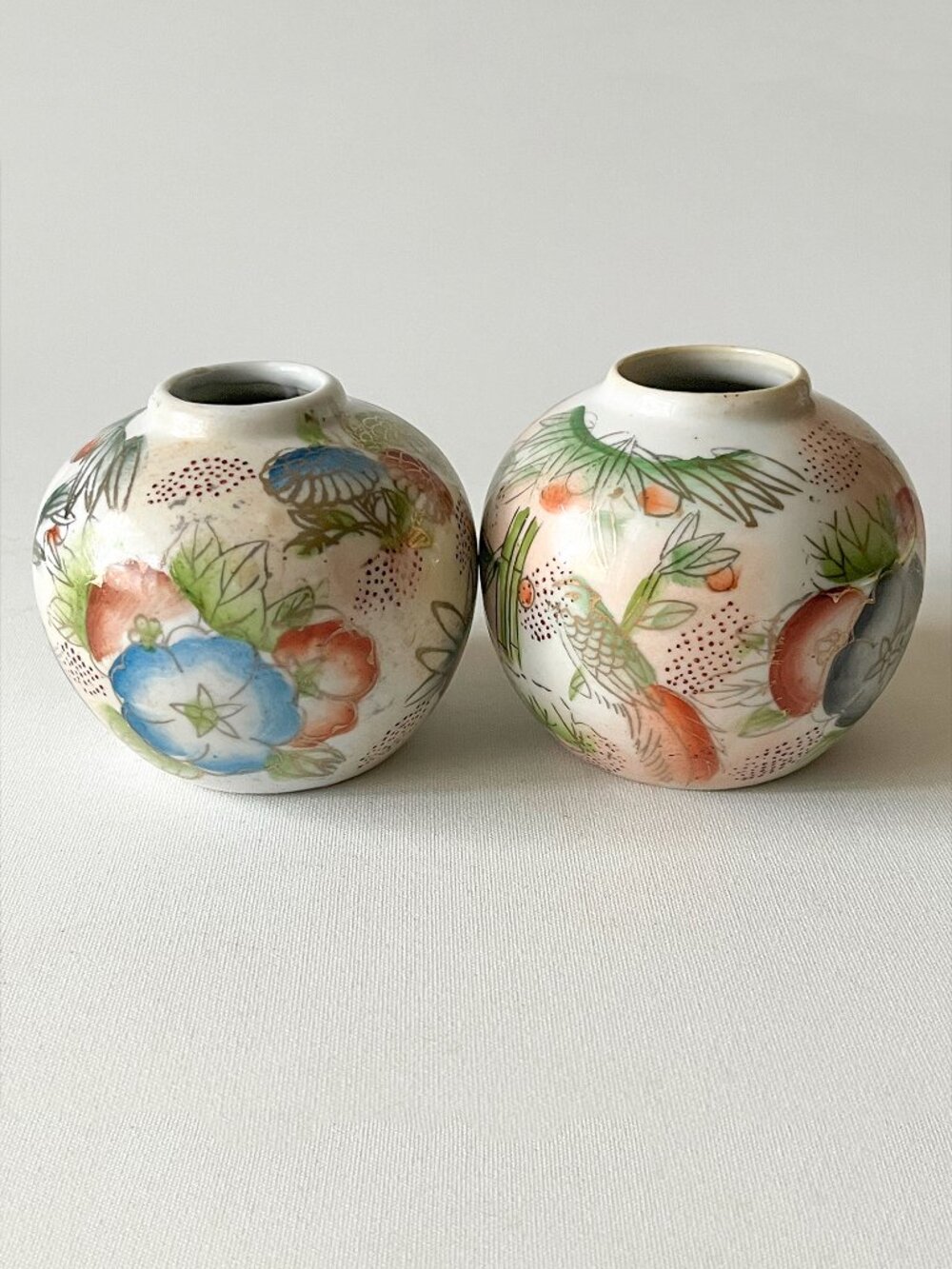 Pair Vintage Hand Painted Bird Floral Vase Ginger Jar Mid Century Asian Pottery